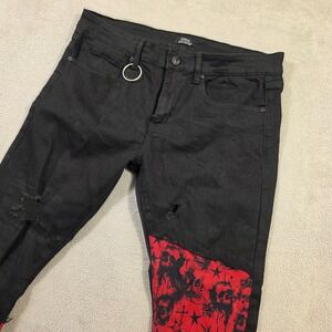 Social Collision Jeans Mens 36x28 (Fits 36x28) Black Red Skull Grunge Streetwear